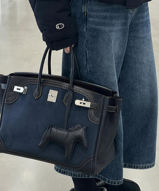 Classy Blue Patchwork Canvas Durable Tote Bag