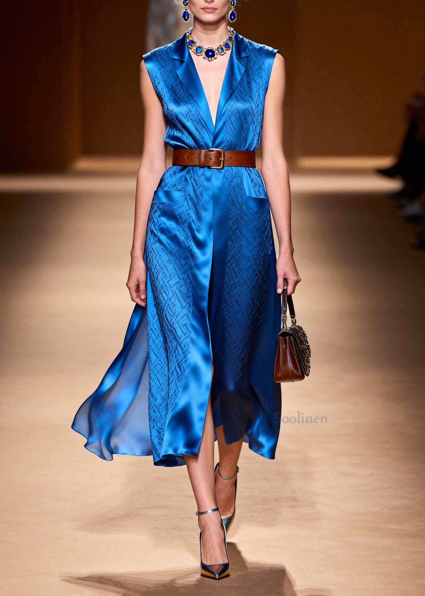 Classy Blue Peter Pan Collar Pockets Patchwork Silk Dress Sleeveless