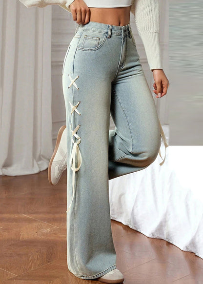 Classy Blue Pockets Silk Ribbon Straight Jeans Fall