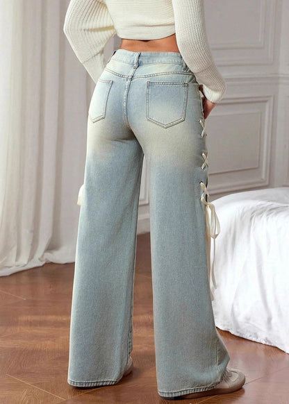Classy Blue Pockets Silk Ribbon Straight Jeans Fall