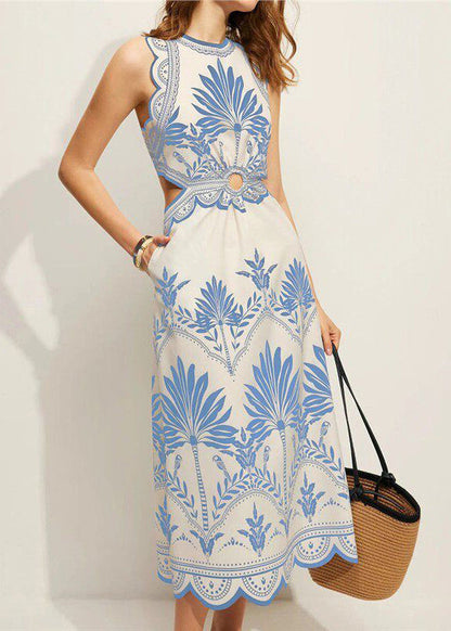 Classy Blue Print Hollow Out Backless Maxi Dress Sleeveless