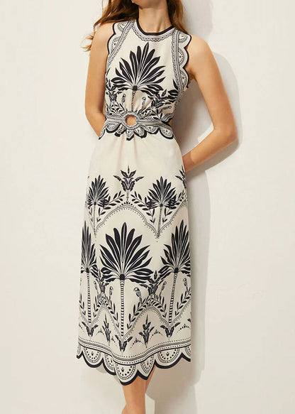 Classy Blue Print Hollow Out Backless Maxi Dress Sleeveless
