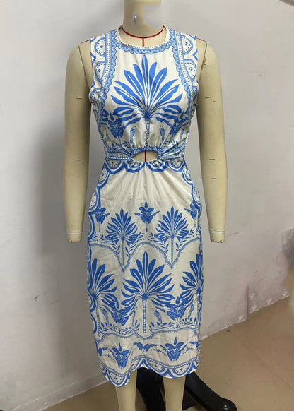 Classy Blue Print Hollow Out Backless Maxi Dress Sleeveless