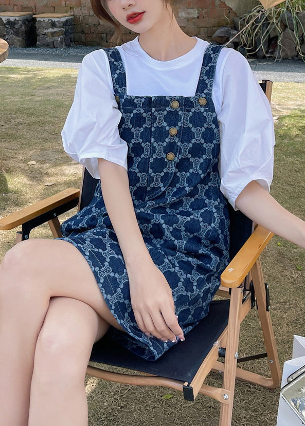 Vestido vaquero de verano con botones y patchwork con estampado azul clásico