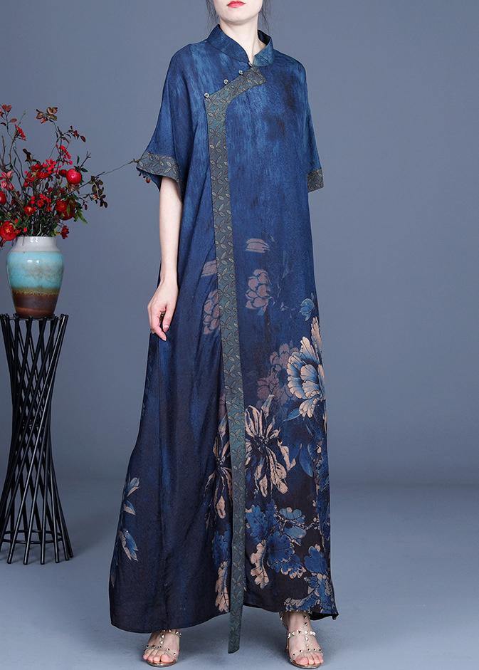 Classy Blue Print Patchwork Oriental Long Dress Summer - SooLinen