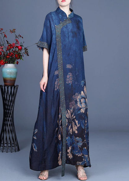 Classy Blue Print Patchwork Oriental Long Dress Summer - SooLinen