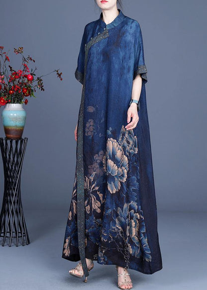 Classy Blue Print Patchwork Oriental Long Dress Summer - SooLinen