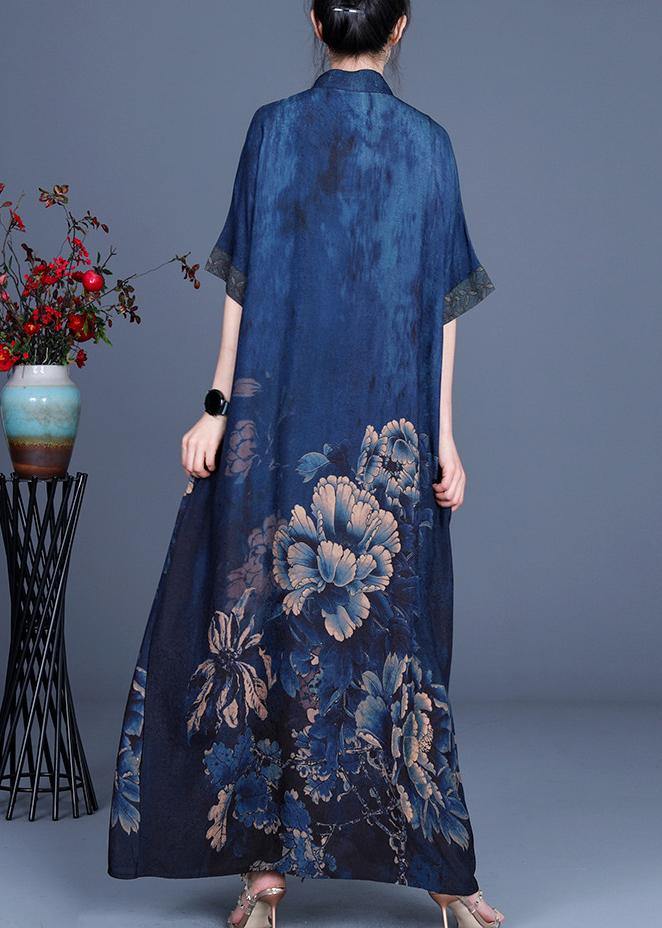 Classy Blue Print Patchwork Oriental Long Dress Summer - SooLinen