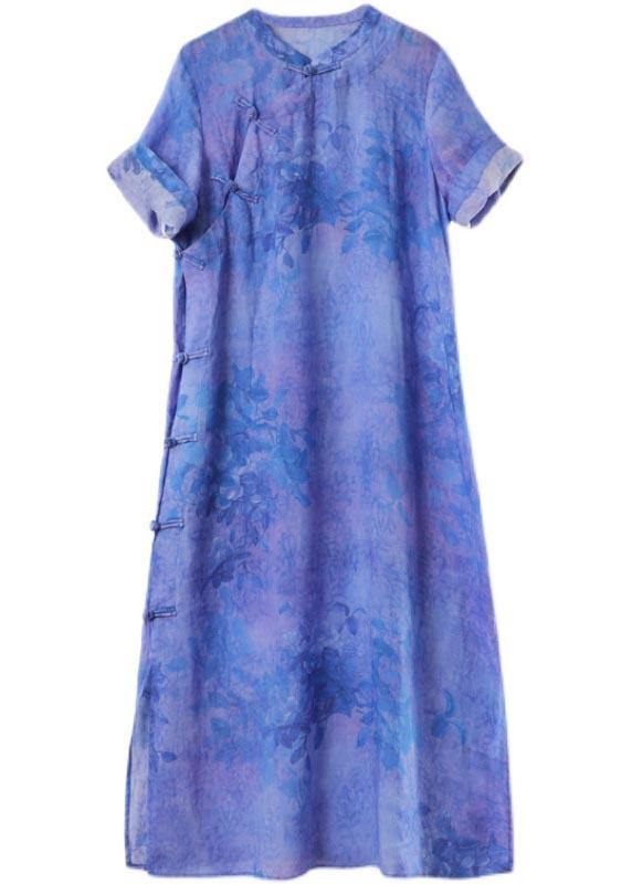 Classy Blue Purple Print Button Ankle Summer Linen Dress - SooLinen