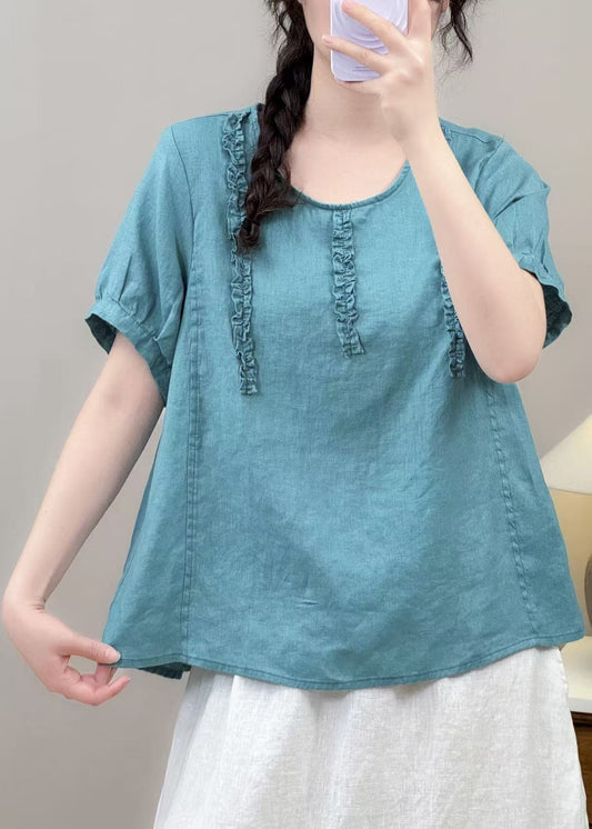 Classy Blue Ruffled Cotton Loose Tops Summer