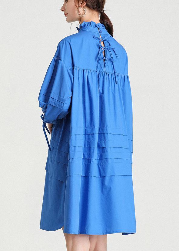 Classy Blue Ruffled Cotton Spring Mid Dress - SooLinen
