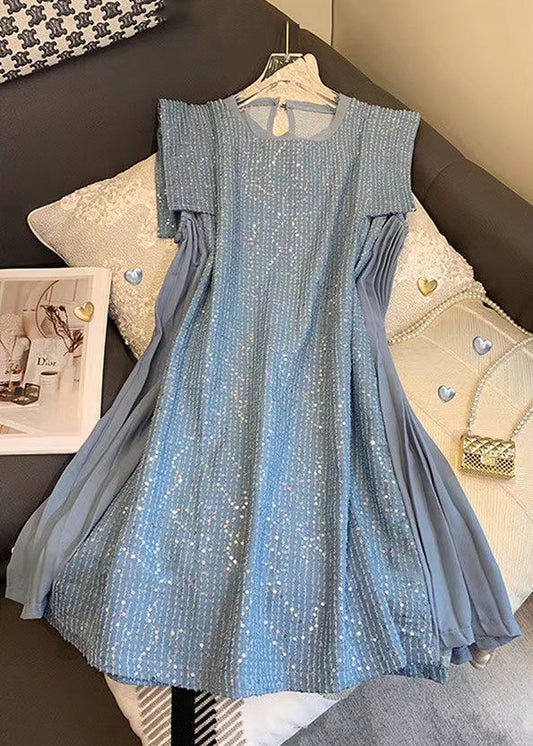 Edles blaues ärmelloses Baumwollkleid mit Patchwork-Patchwork