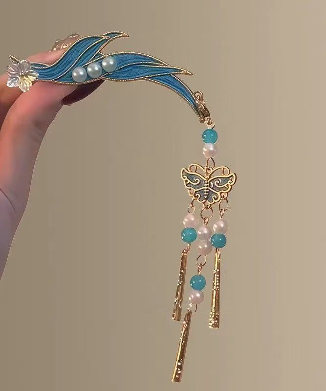 Classy Blue Sterling Silver Overgild Cloisonne Butterfly Tassel A Pair Hairpin