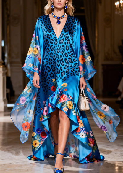 Classy Blue V Neck Asymmetrical Design Print Silk Long Dresses Summer