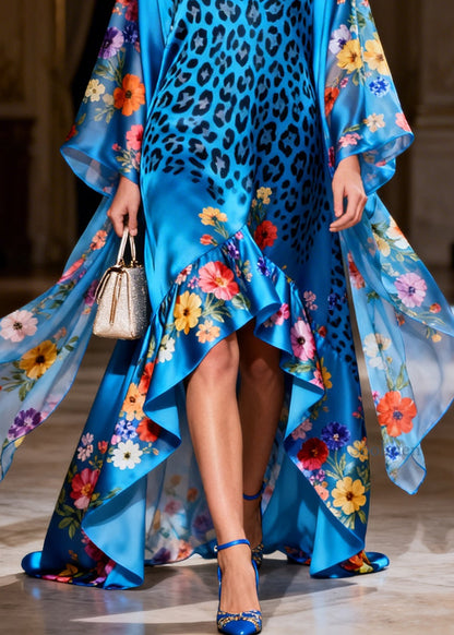 Classy Blue V Neck Asymmetrical Design Print Silk Long Dresses Summer