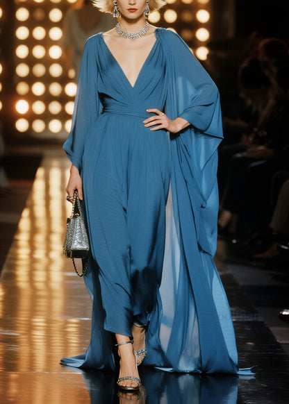 Classy Blue V Neck Patchwork Chiffon Long Dress Spring