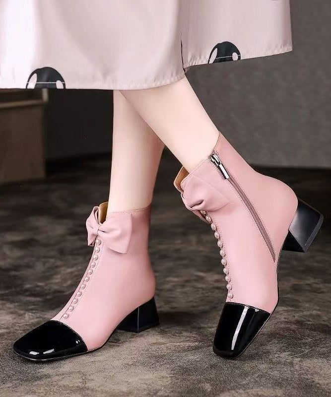 Botas gruesas con cremallera y lazo elegantes de piel de oveja rosa