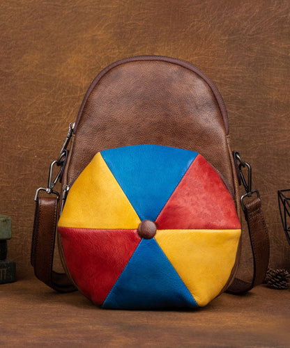 Classy Brown Colorblock Paitings Calf Leather Backpack Bag