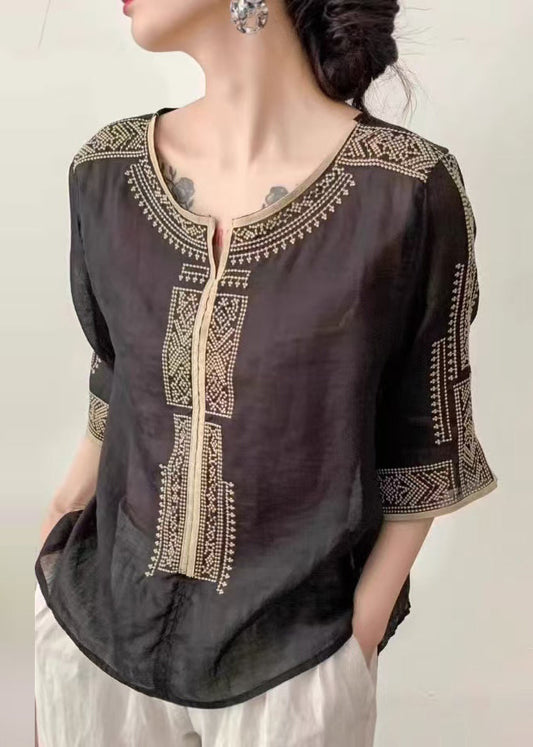 Classy Brown Embroidered Linen Top Half Sleeve