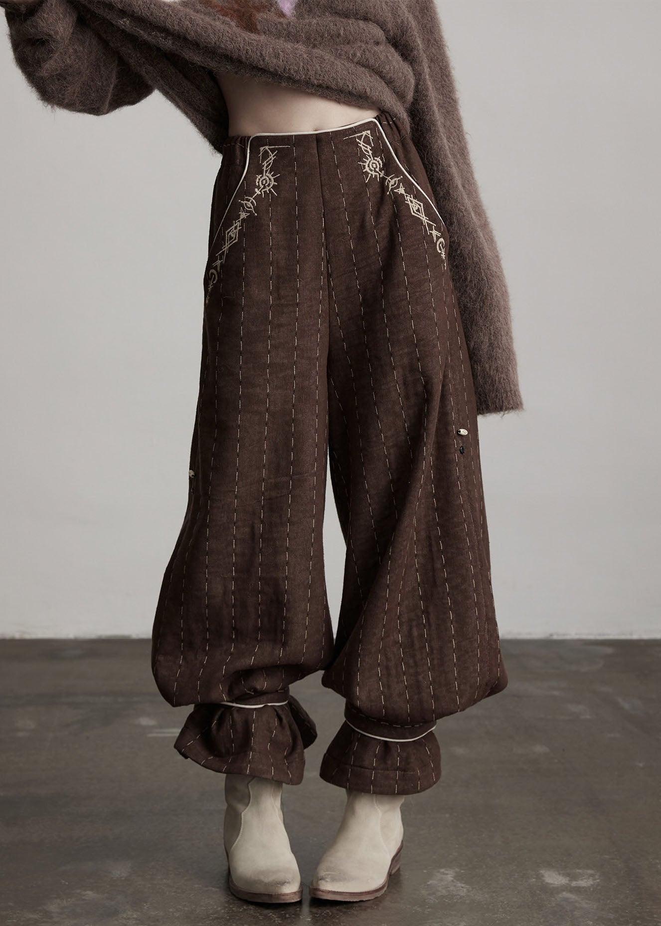 Classy Brown Embroidered Striped Cotton Straight Pants Spring