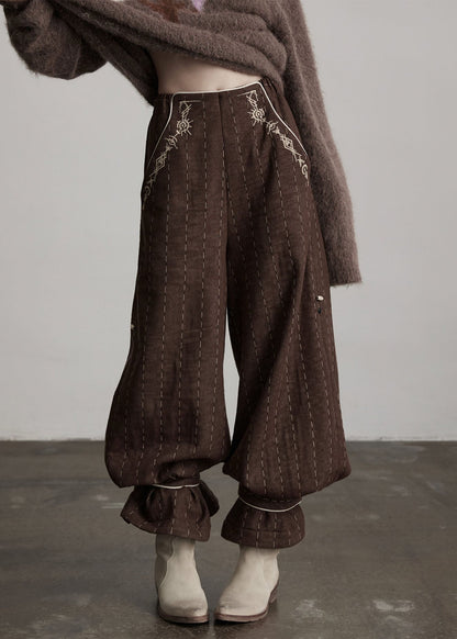 Classy Brown Embroidered Striped Cotton Straight Pants Spring
