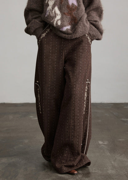 Classy Brown Embroidered Striped Cotton Straight Pants Spring