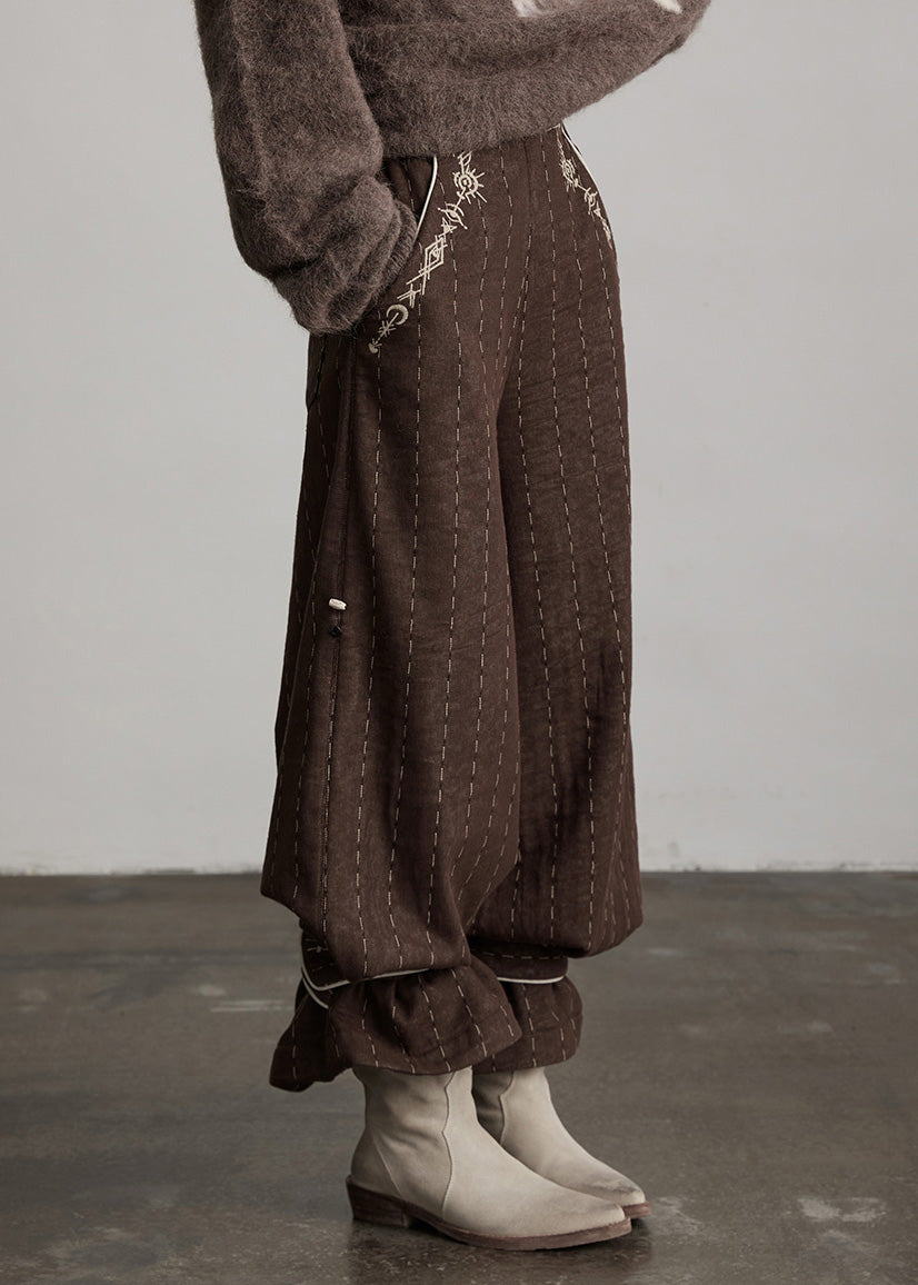 Classy Brown Embroidered Striped Cotton Straight Pants Spring