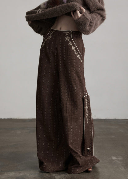 Classy Brown Embroidered Striped Cotton Straight Pants Spring