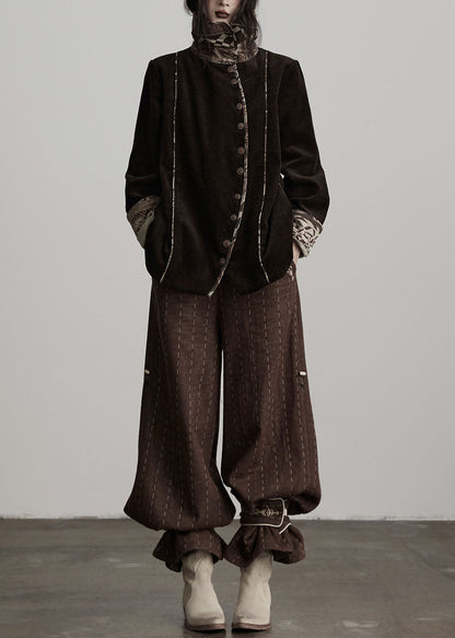 Classy Brown Embroidered Striped Cotton Straight Pants Spring