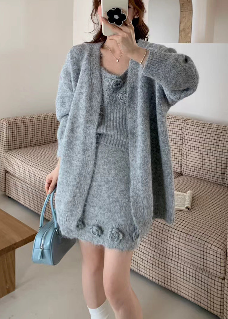 Elegantes, braunes, dreiteiliges Strickset mit Blumenmuster für Damen – Frühlingsmode