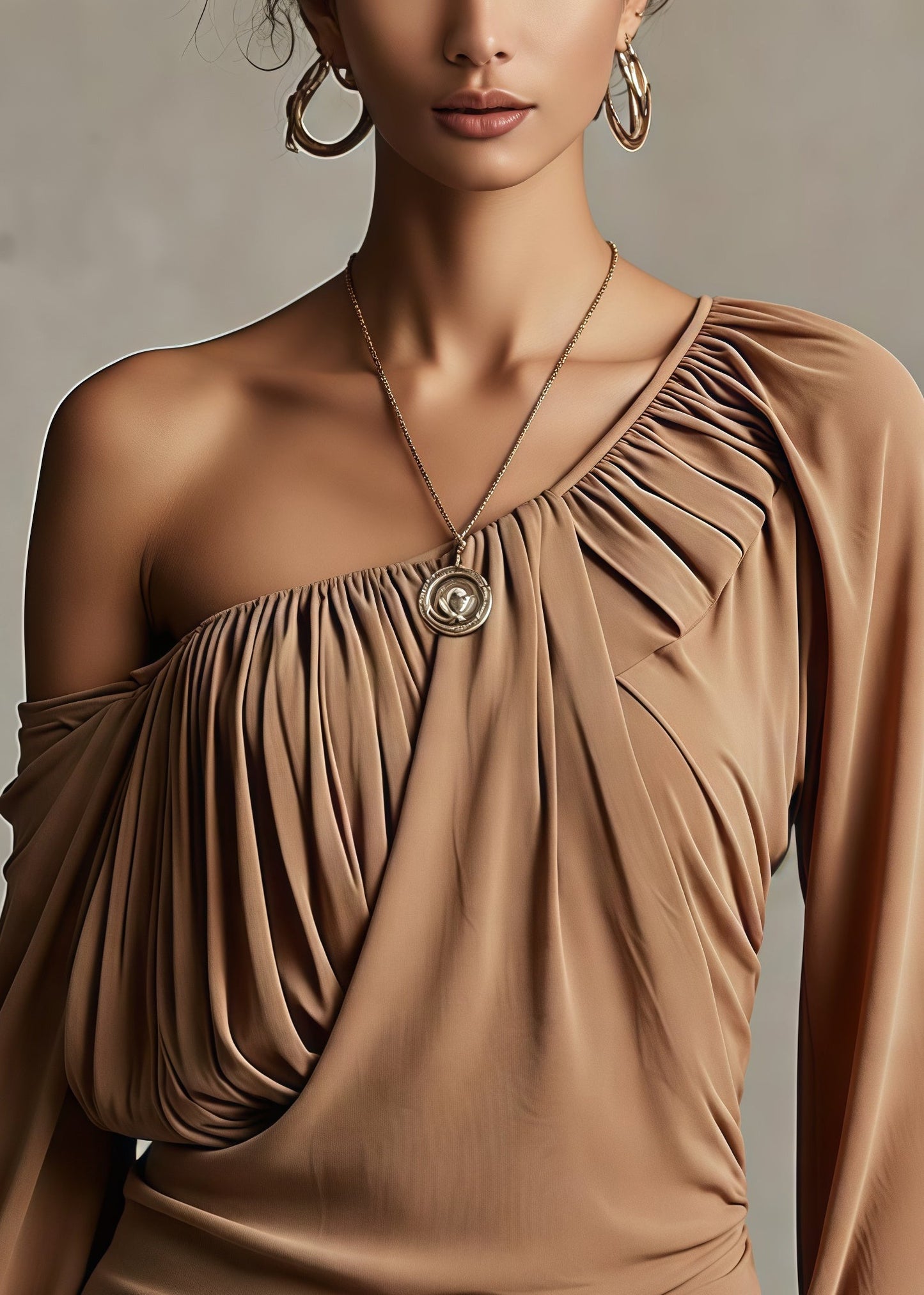 Classy Brown One Shoulder Wrinkled Chiffon Blouse Tops Spring