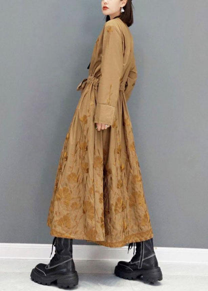 Classy Brown Pockets Tie Waist Embroideried Fall Long Sleeve Long Dress - SooLinen