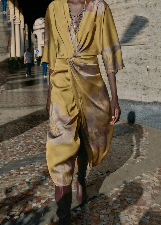 Classy Brown V Neck Print Wrinkled Silk Long Dress Summer