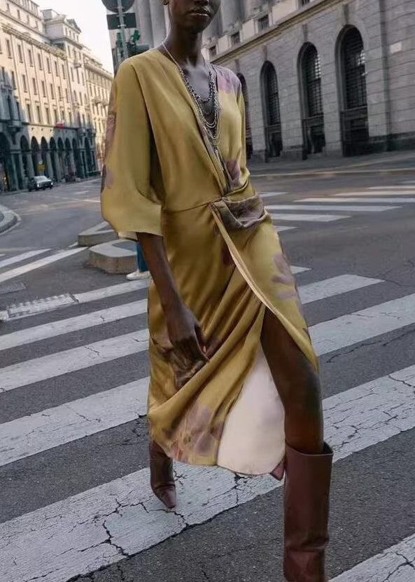 Classy Brown V Neck Print Wrinkled Silk Long Dress Summer