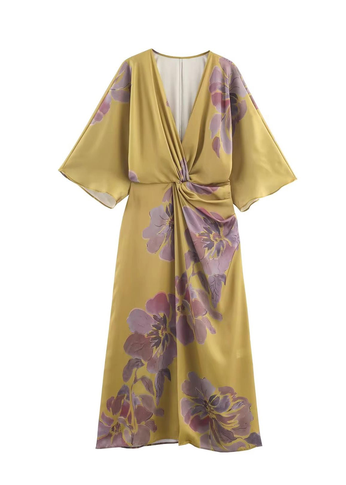 Classy Brown V Neck Print Wrinkled Silk Long Dress Summer