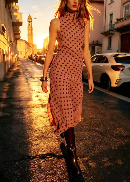 Classy Caramel Turtleneck Patchwork Cotton Long Dress Sleeveless