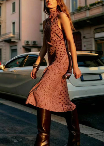 Classy Caramel Turtleneck Patchwork Cotton Long Dress Sleeveless