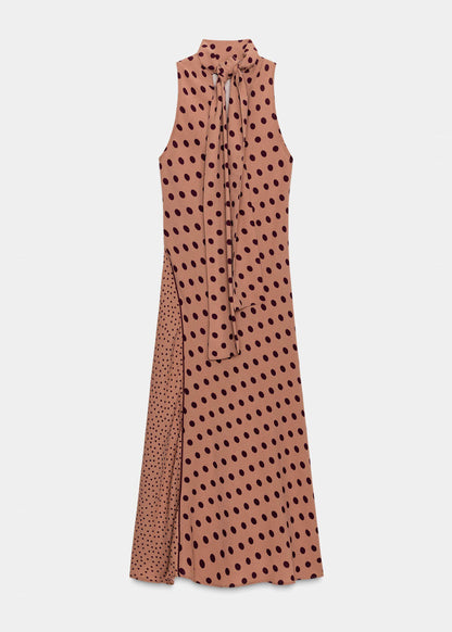 Classy Caramel Turtleneck Patchwork Cotton Long Dress Sleeveless
