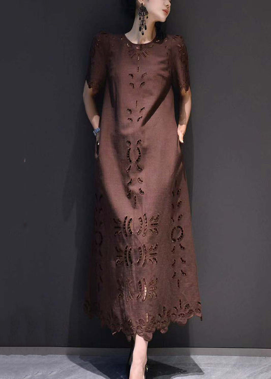 Classy Chocolate Hollow Out Pockets Cotton Long Dress Summer
