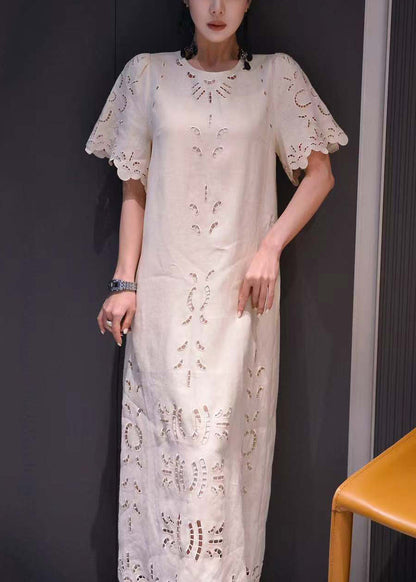 Classy Chocolate Hollow Out Pockets Cotton Long Dress Summer