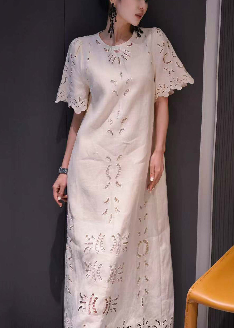 Classy Chocolate Hollow Out Pockets Cotton Long Dress Summer