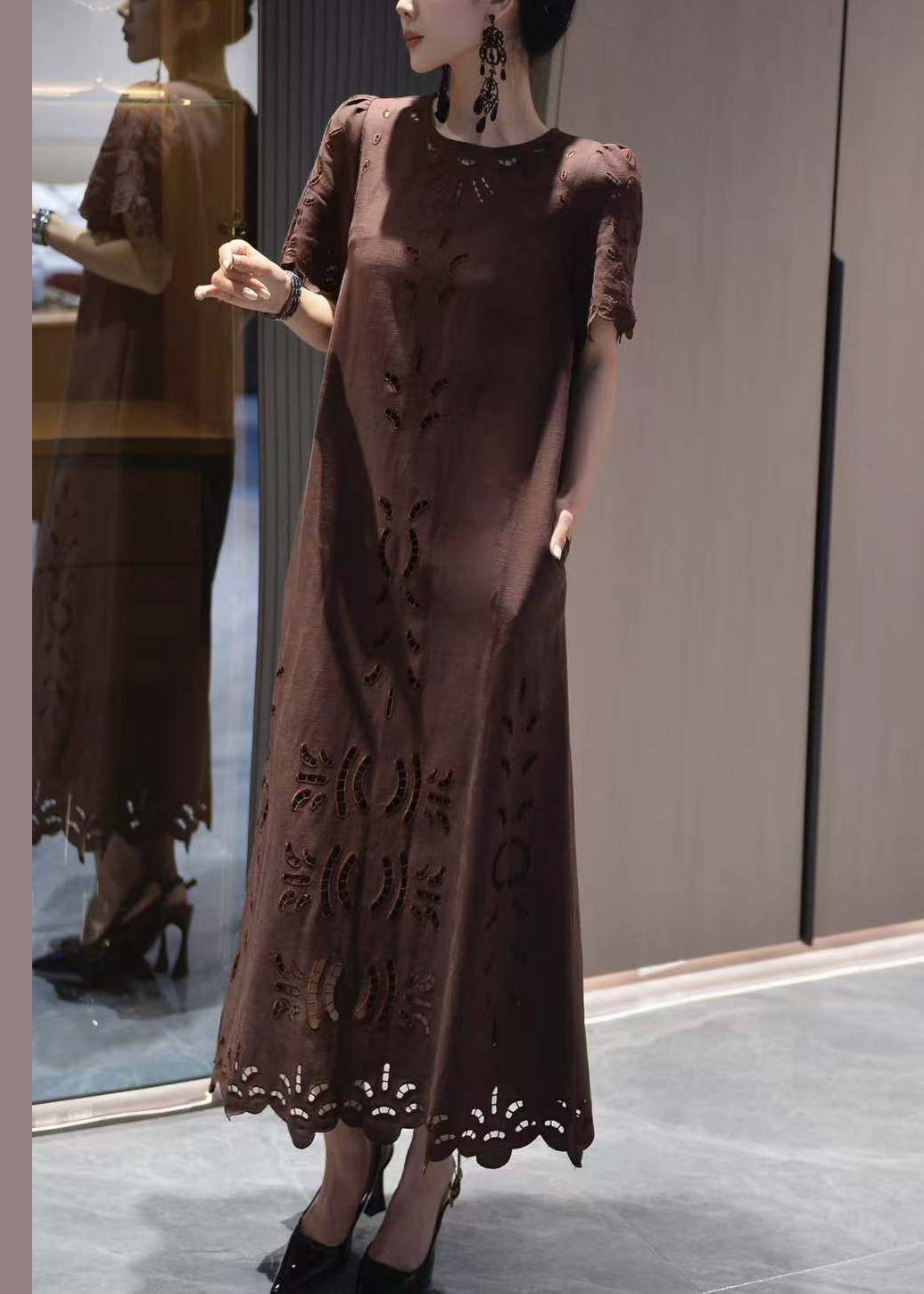 Classy Chocolate Hollow Out Pockets Cotton Long Dress Summer