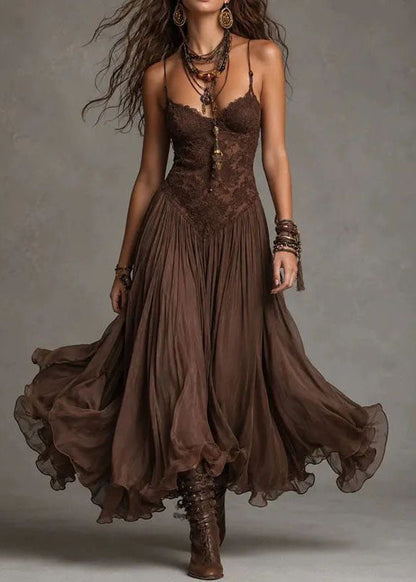 Classy Chocolate Patchwork Lace Spaghetti Strap Dress Summer