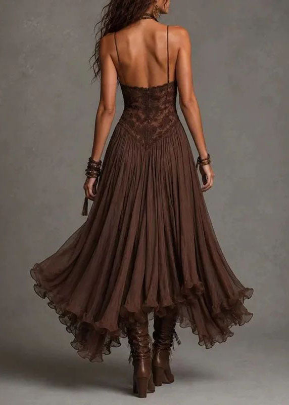 Classy Chocolate Patchwork Lace Spaghetti Strap Dress Summer