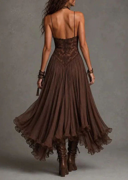 Classy Chocolate Patchwork Lace Spaghetti Strap Dress Summer