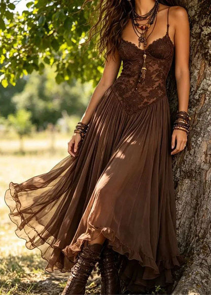 Classy Chocolate Patchwork Lace Spaghetti Strap Dress Summer