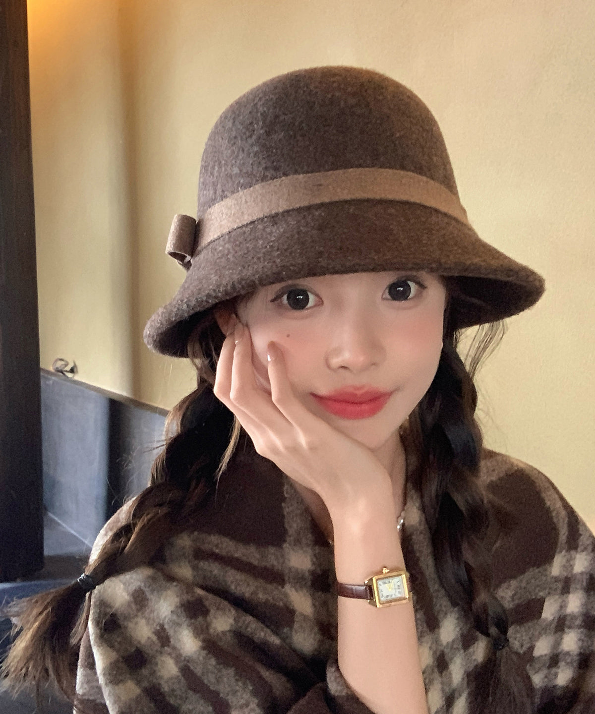 Sombrero de pescador de lana cálido y acogedor con elegante color café