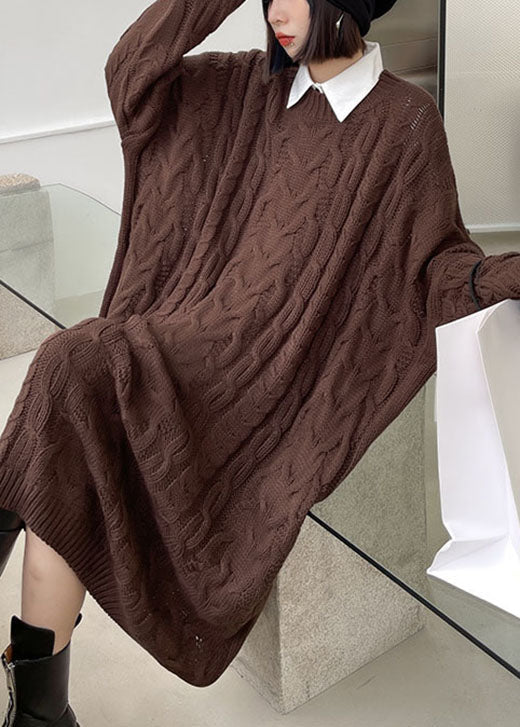 Edles, kaffeefarbenes, lässiges Jacquard-Pulloverkleid mit Rundhalsausschnitt