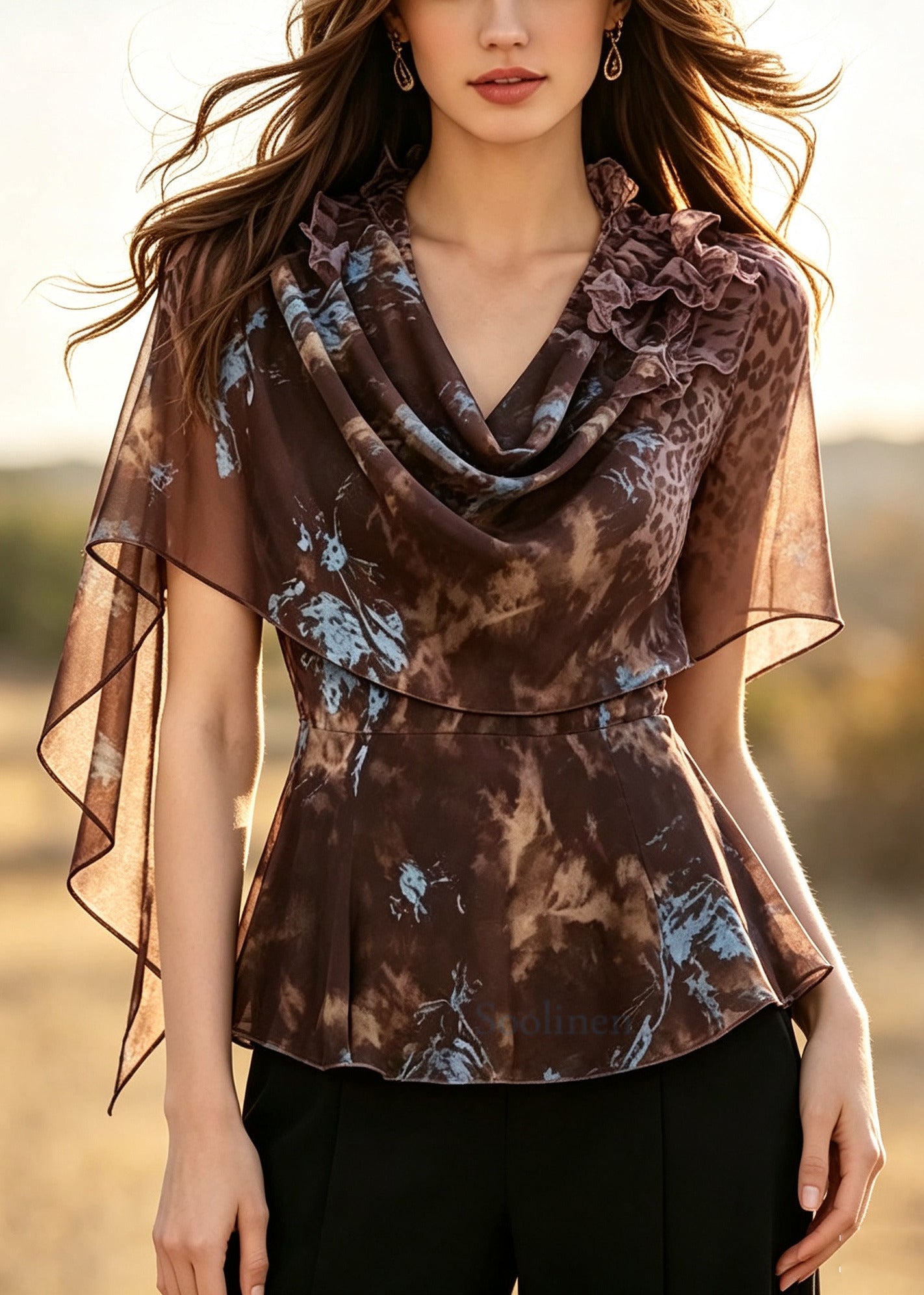 Classy Coffee Turtle Neck Print Chiffon Top Summer