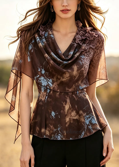 Classy Coffee Turtle Neck Print Chiffon Top Summer
